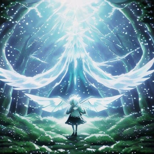 Ethereal Ice Fairy Over Glowing Flora in Twilight