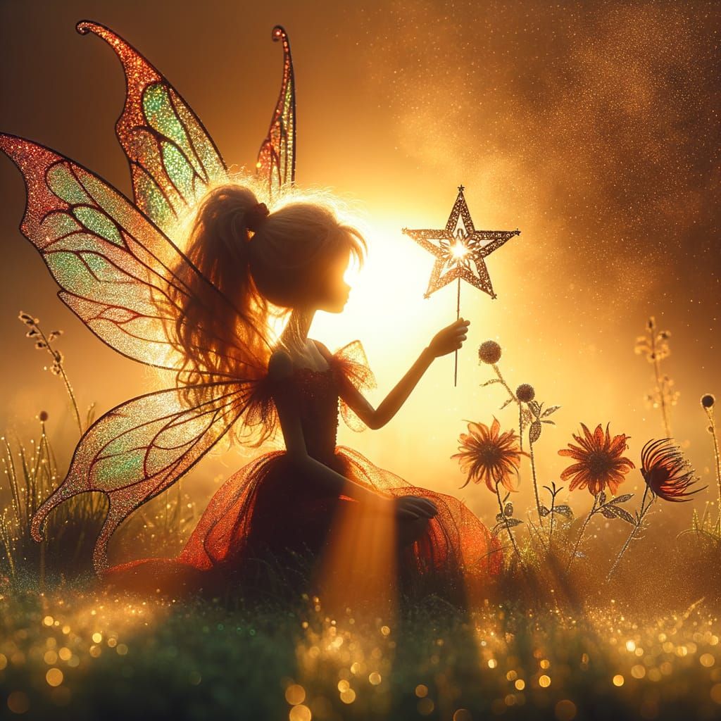 Radiant Red Fairy at Golden Sunrise with Star Wand