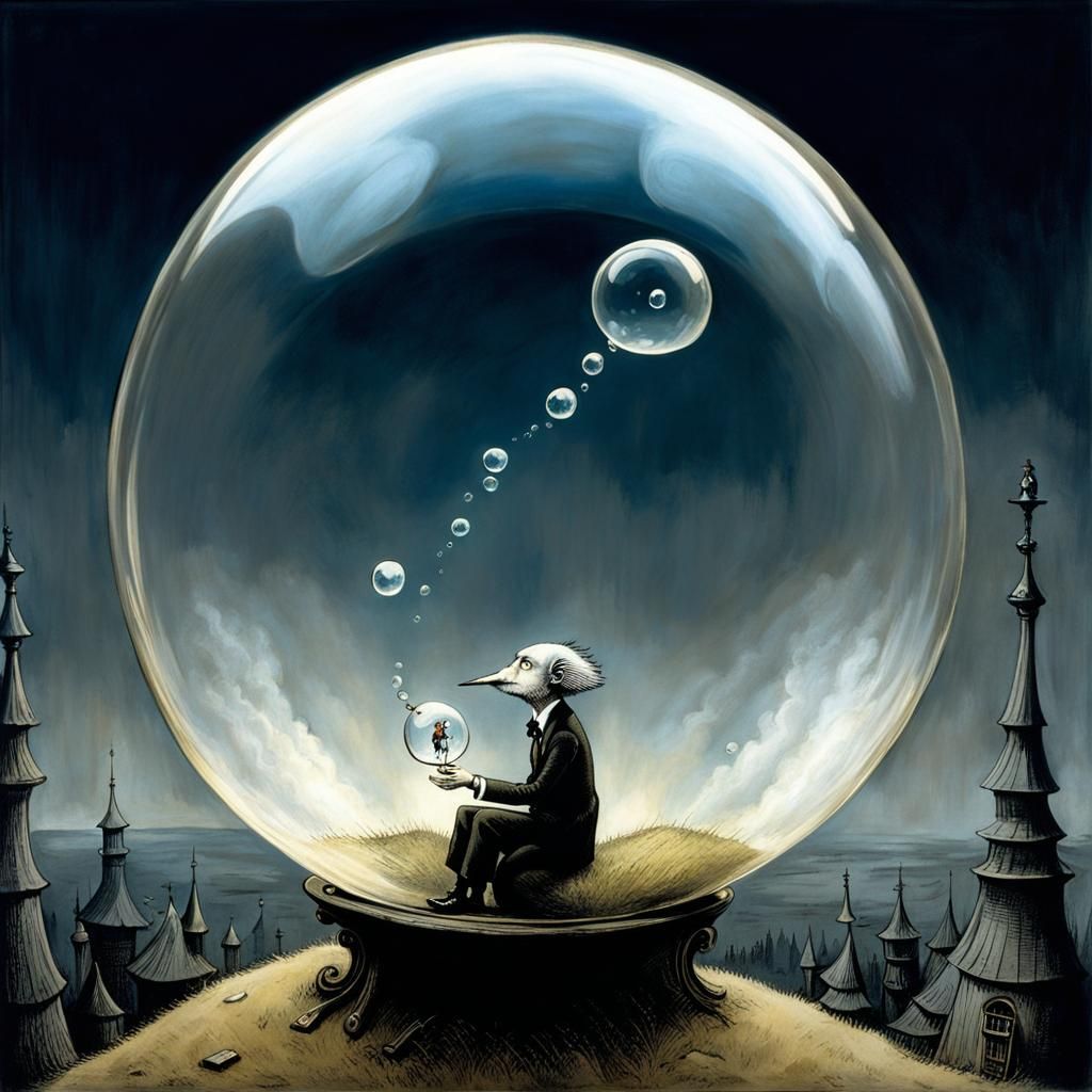 Eccentric Loner in Bubble, Dark Fantasy Illustration