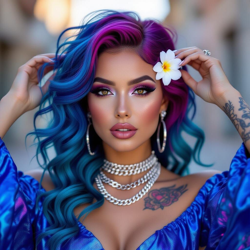 A vibrant and bright portrait depicting a beautiful woman wi...