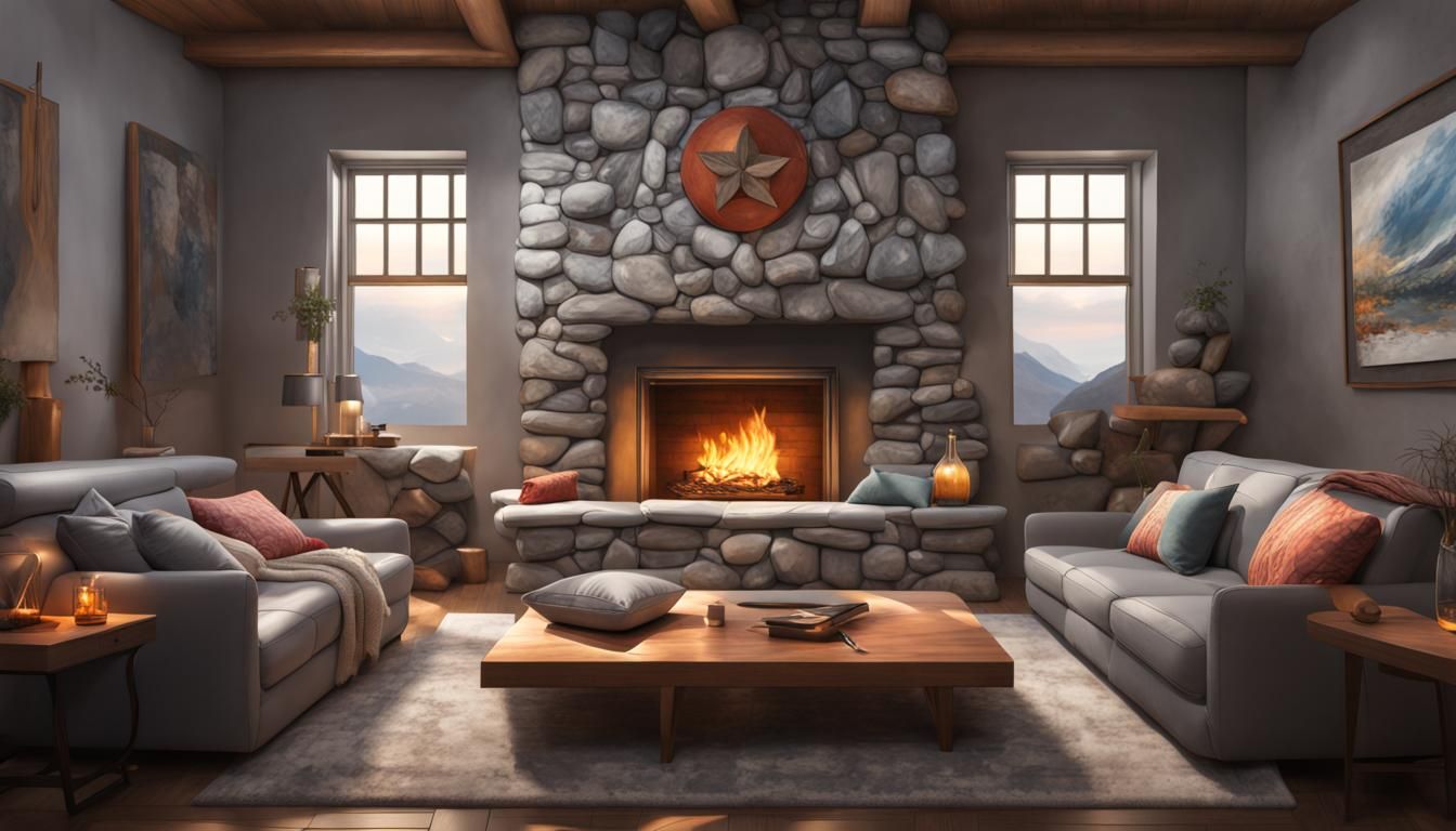 Cozy Fireplace with Pillows: Hyperrealistic Splash Art