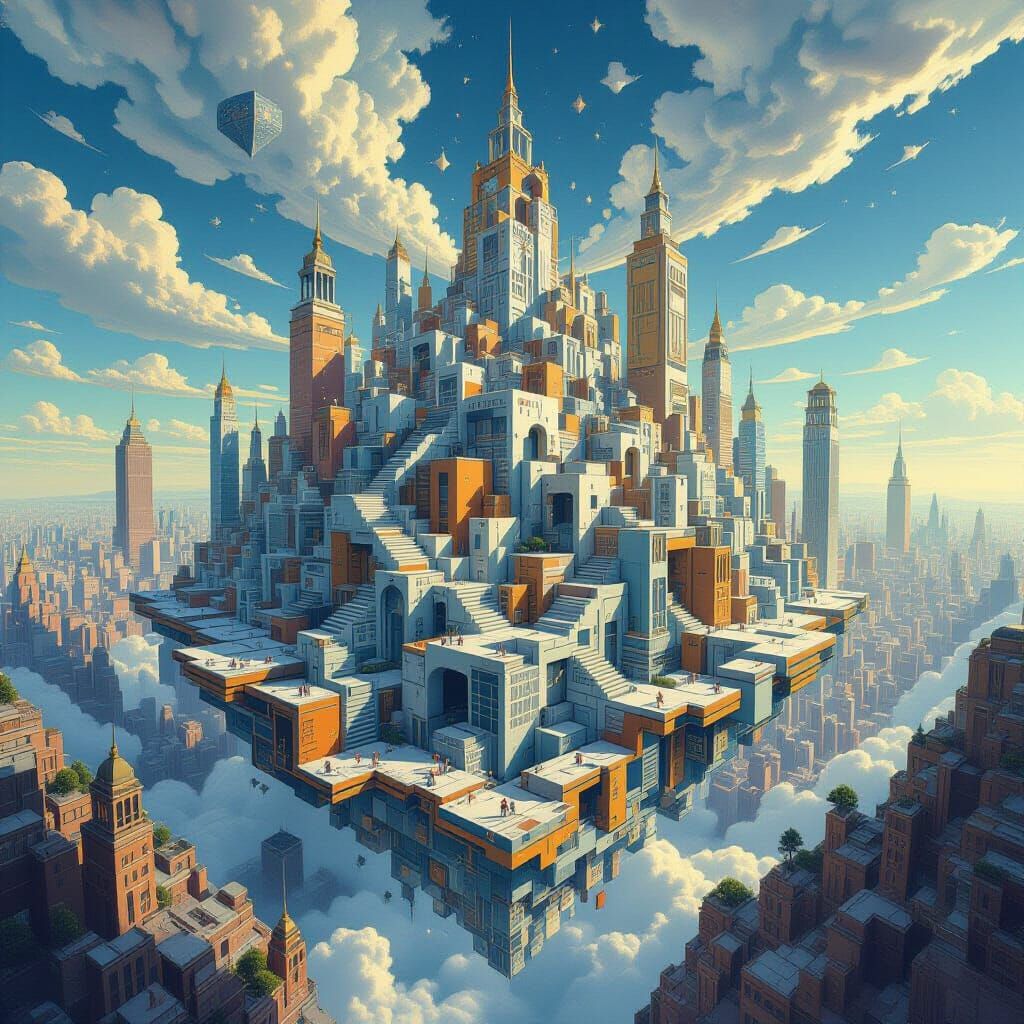 Escher-Inspired Surreal Cityscape With Impossible Geometry