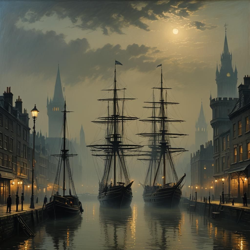 1880s misty London street, milky way, castle,  river dock, s...