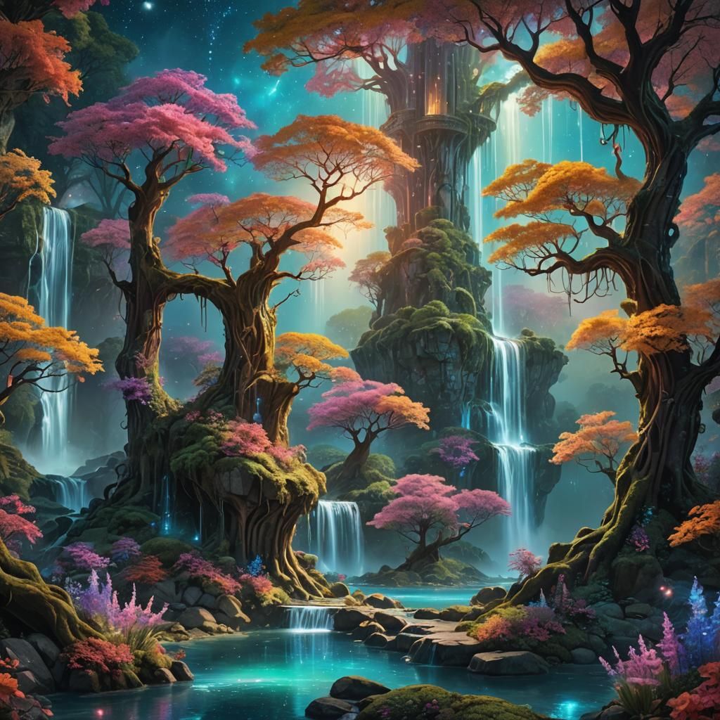 Enchanted Bioluminescent Forest with Ethereal Creatures