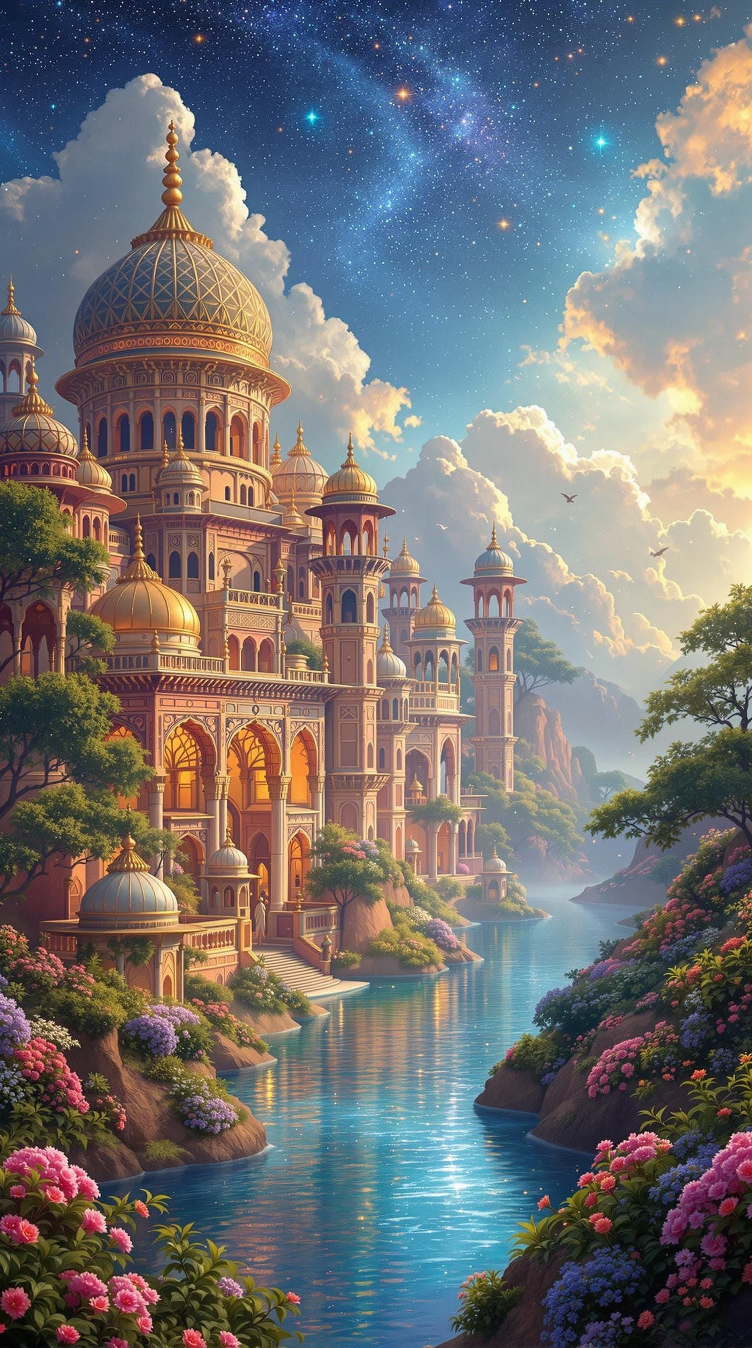 Ethereal Indian Fantasy Landscape with Mystical Magic and Ro...