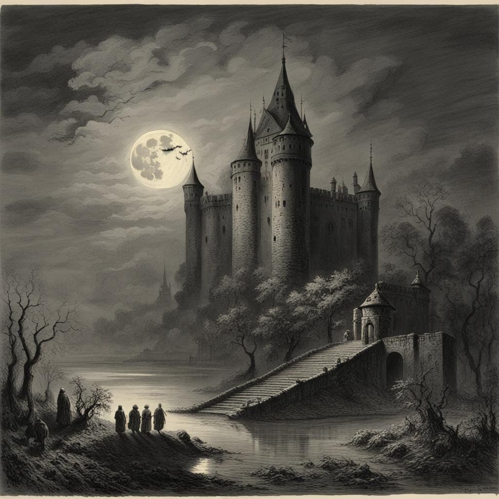 Spooky Old Castle Under Full Moon at Night