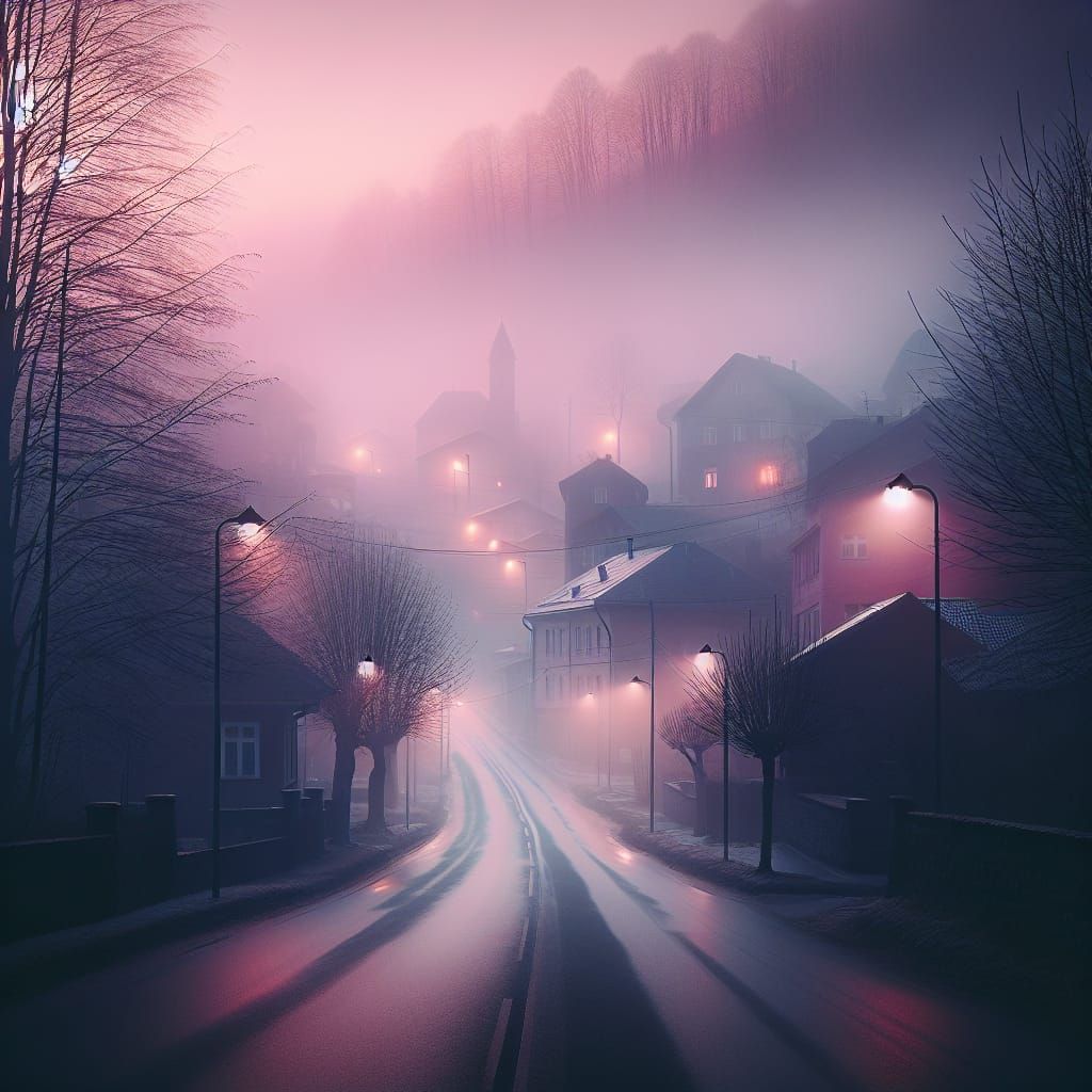 Ethereal Foggy Street at Dawn in Pastel Colors
