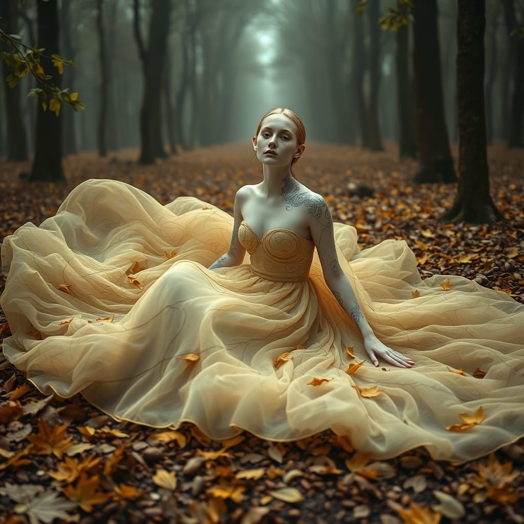 Olive Seed Gown in Misty Forest, Hyperrealistic HDR