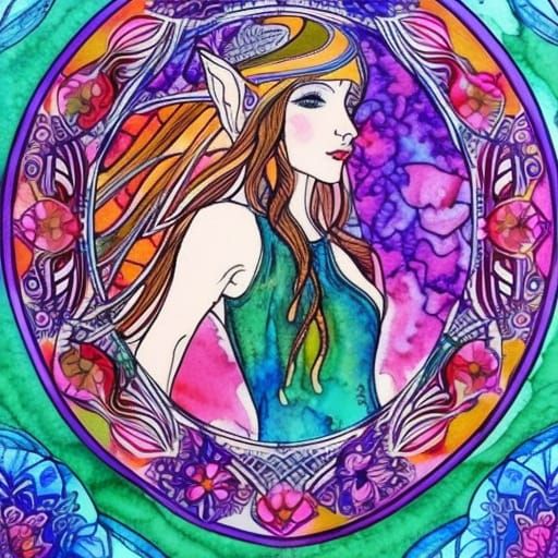 Art Nouveau Elf Girl in Alcohol Ink