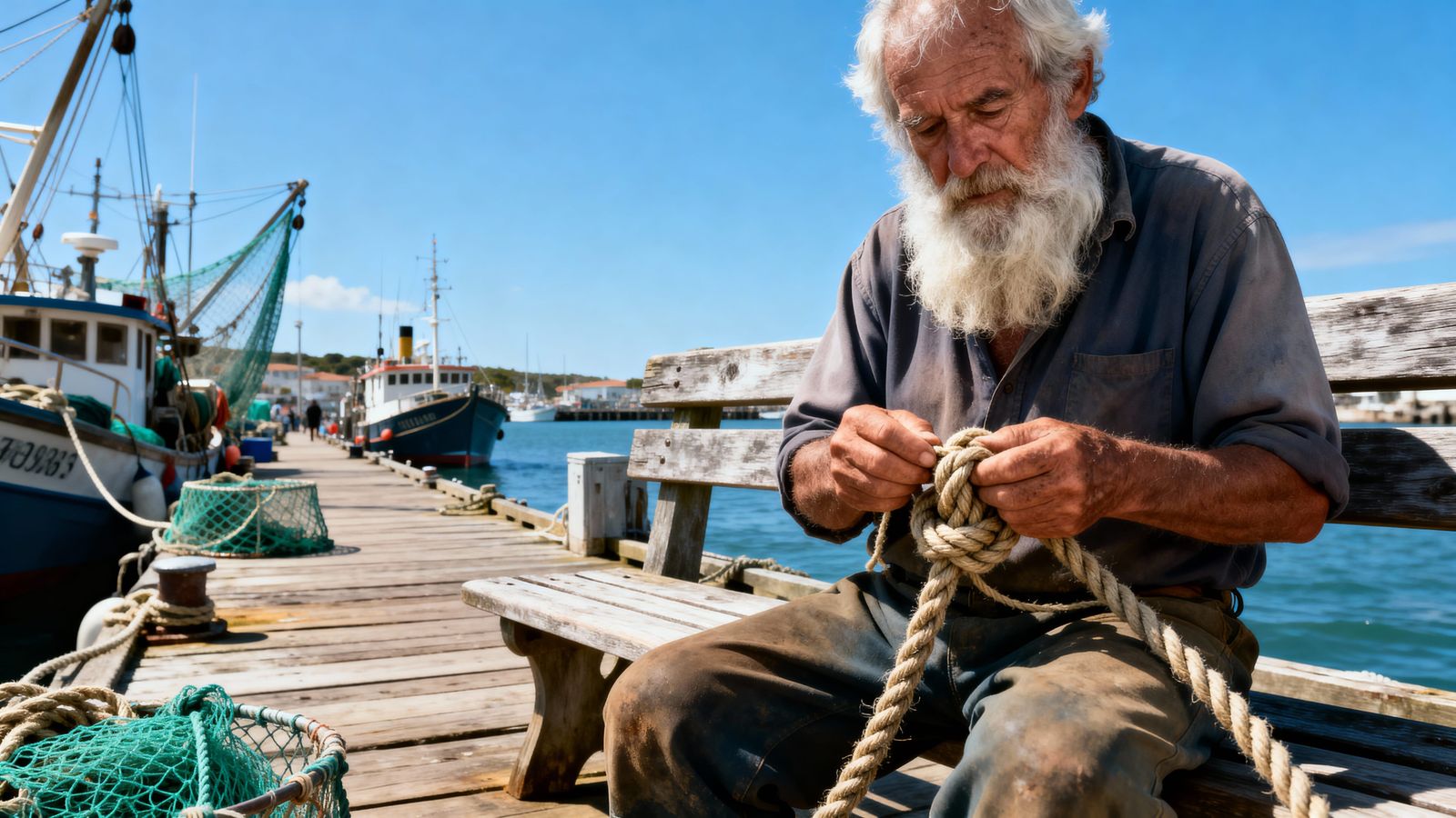 Old Fisherman Ties Nautical Knot on Busy Pier