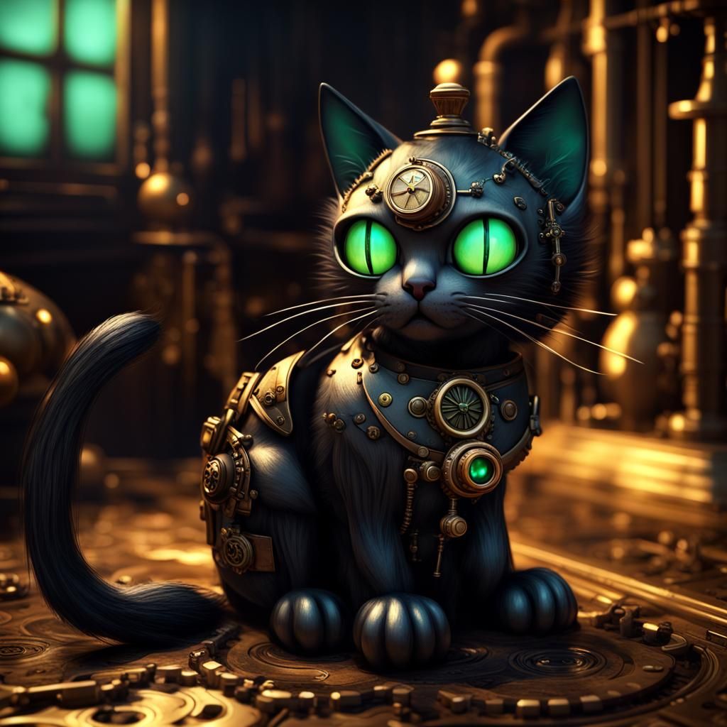 Steampunk Black Cat and Glowing Firefly