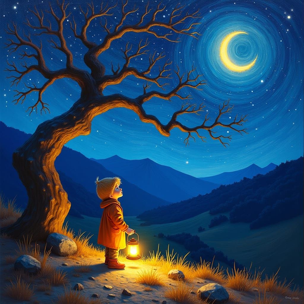 Child Gazing at Starry Night Sky in Post-Impressionist Style