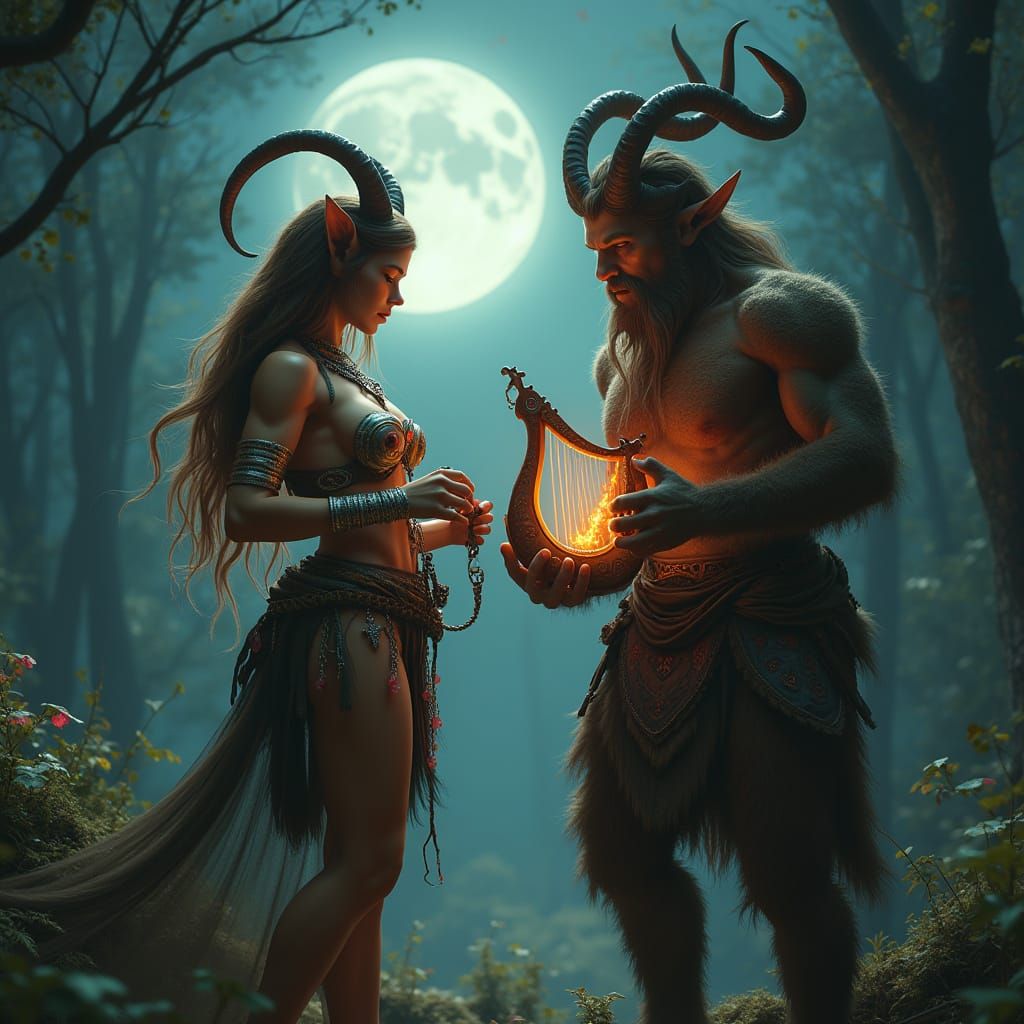 Fantasy Faun and Satyr in Moonlit Forest