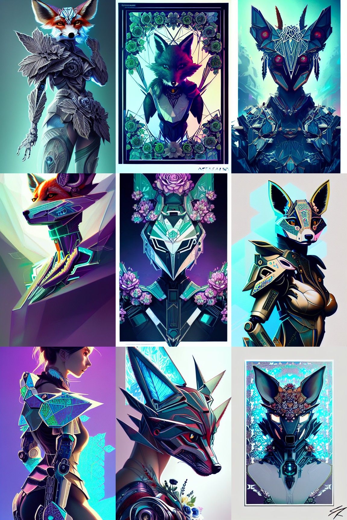 Hybrid Robot Fox Portrait with Floral Design