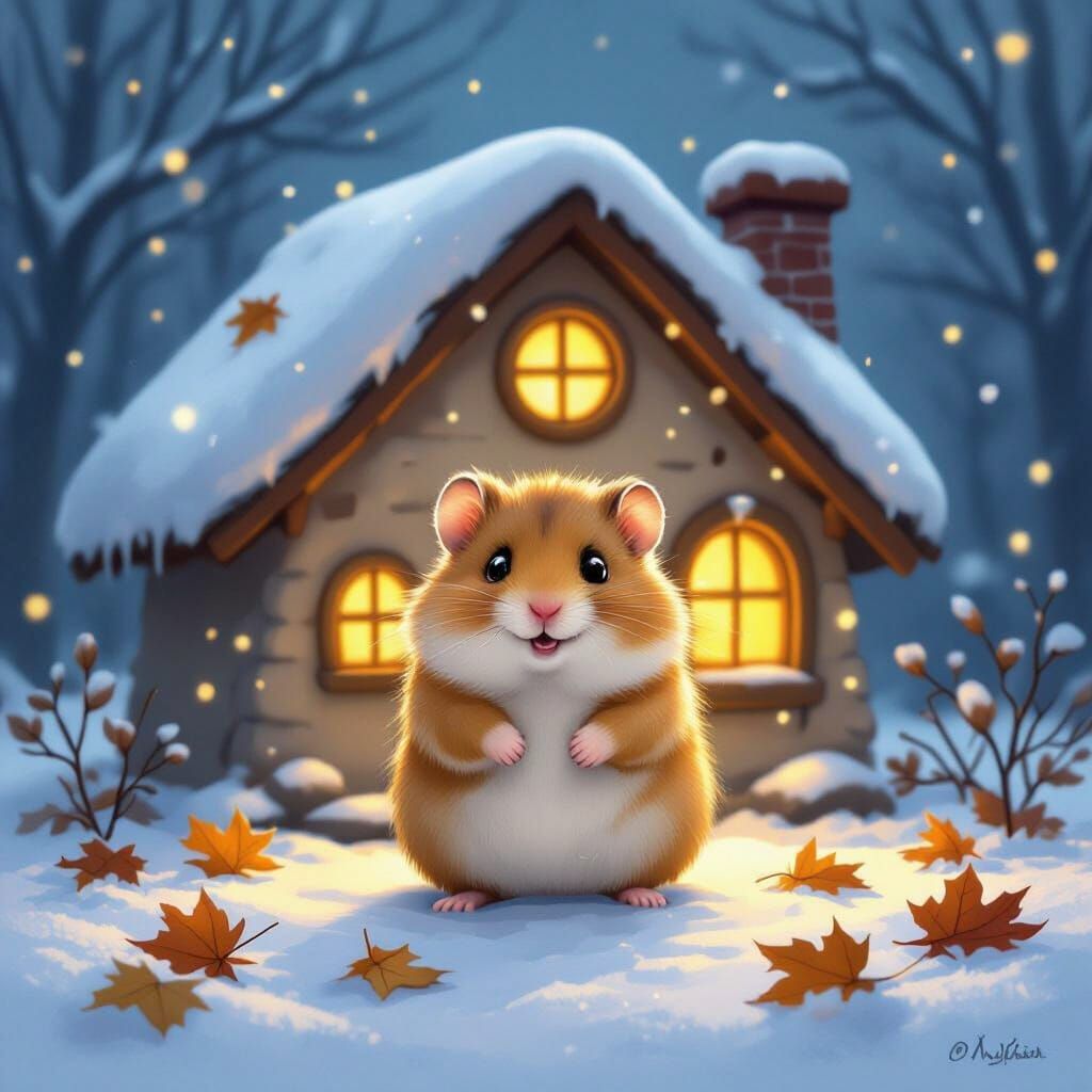 Hamster Home on Snowy Autumn Evening