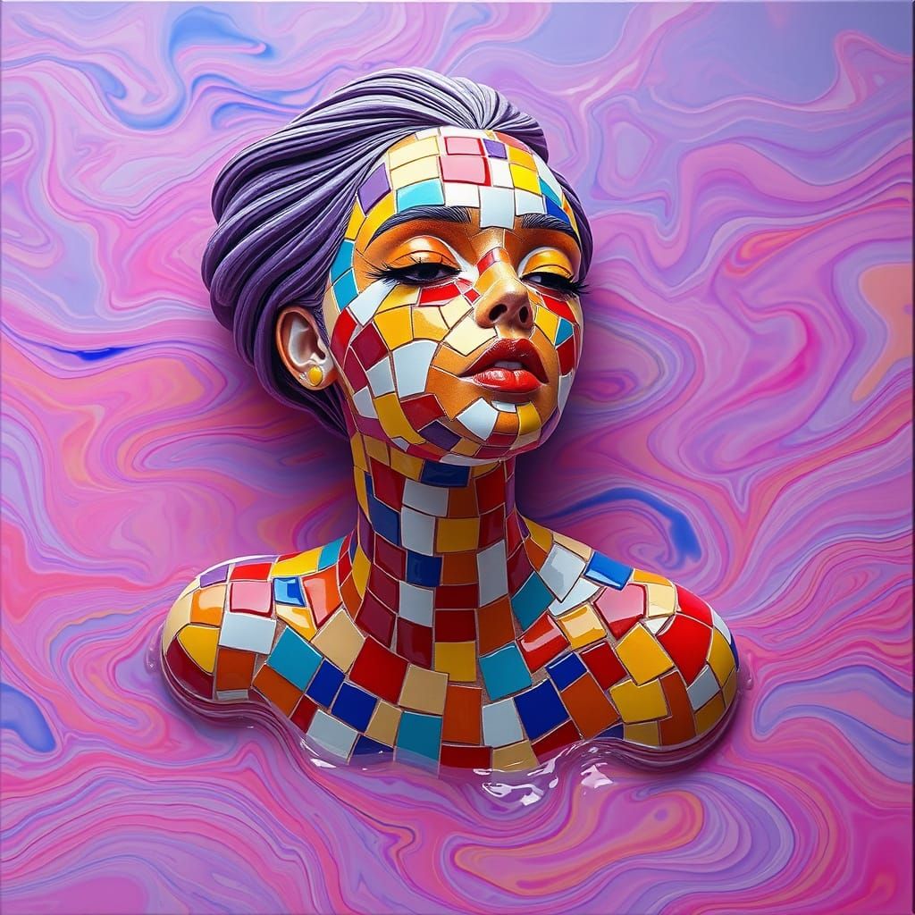 Ceramic Woman Above Multicolored Lake in Futuristic Style