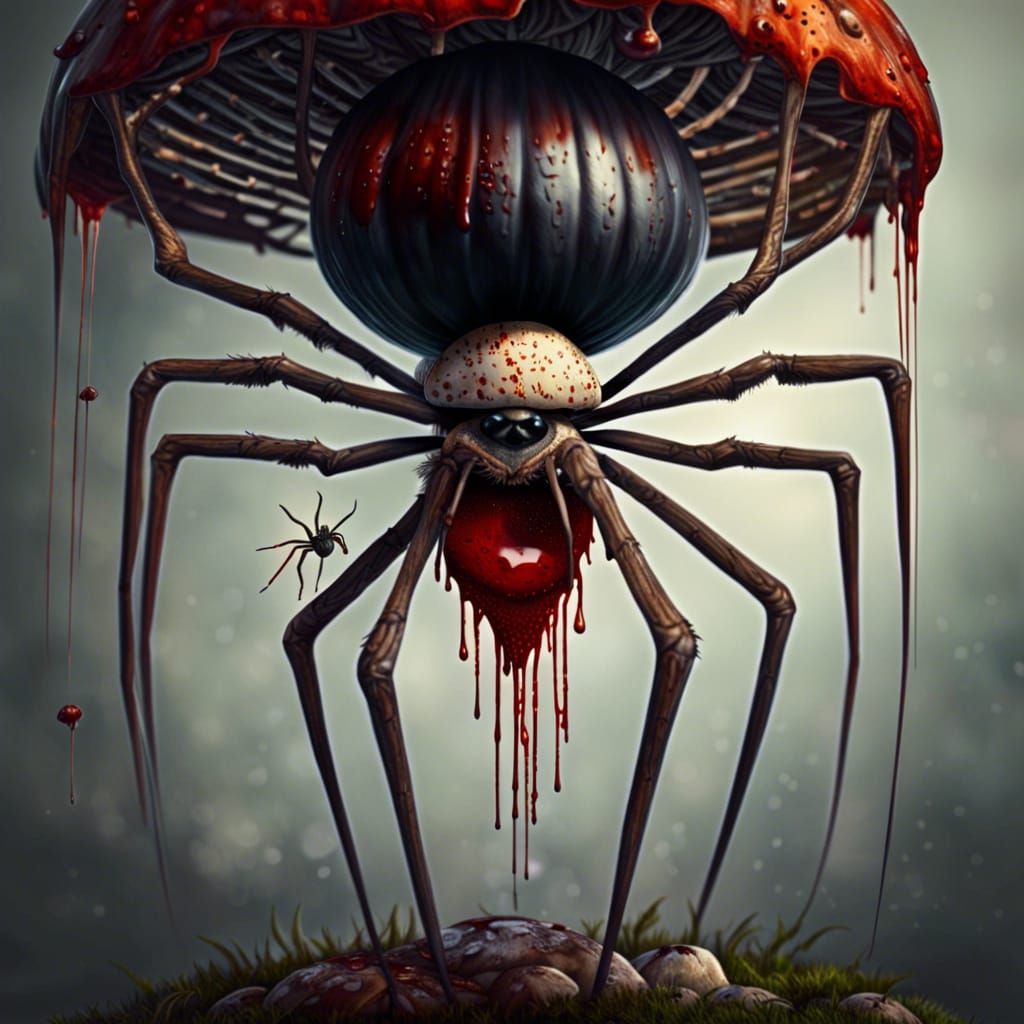 Detailed Spider on Web with Mushroom and Blood