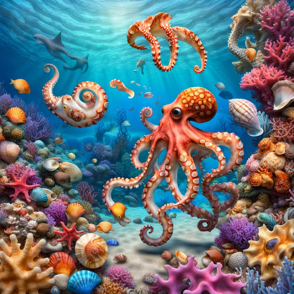 Playful Octopus Juggles Seashells in Coral Reef