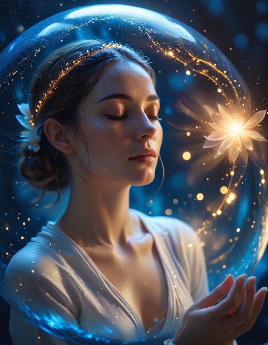 Serene Woman Meditating in Luminous Blue Sphere