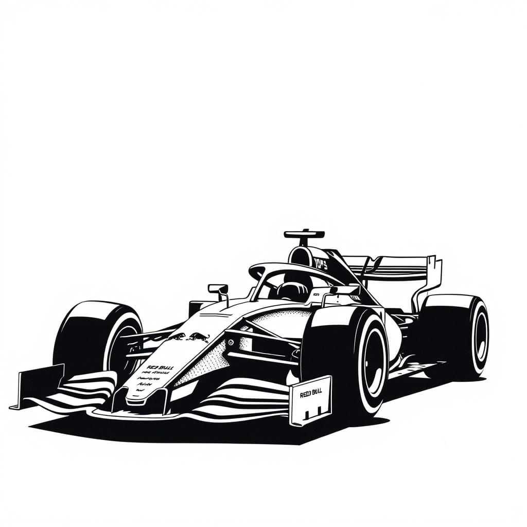 Minimalist Linocut Red Bull F1 Car in Kathleen Neeley Style