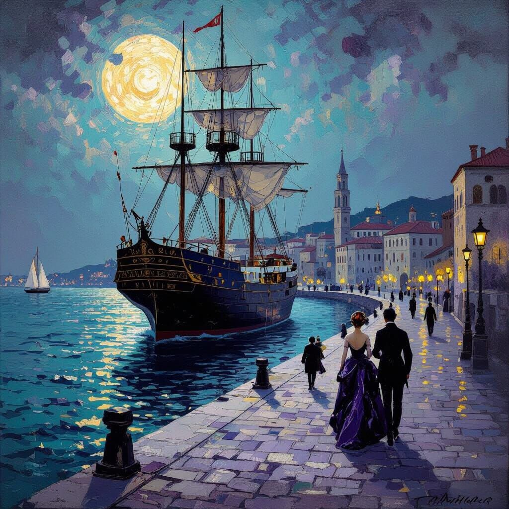 Victorian Ship Arrives at Port in Impressionist Style