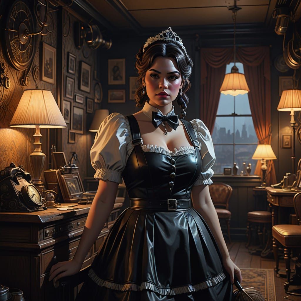 Curvy French Maid in Retro Motel, Hyper-Detailed Airbrush Ar...