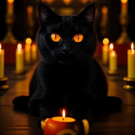 Black Cat in Candlelit Temple