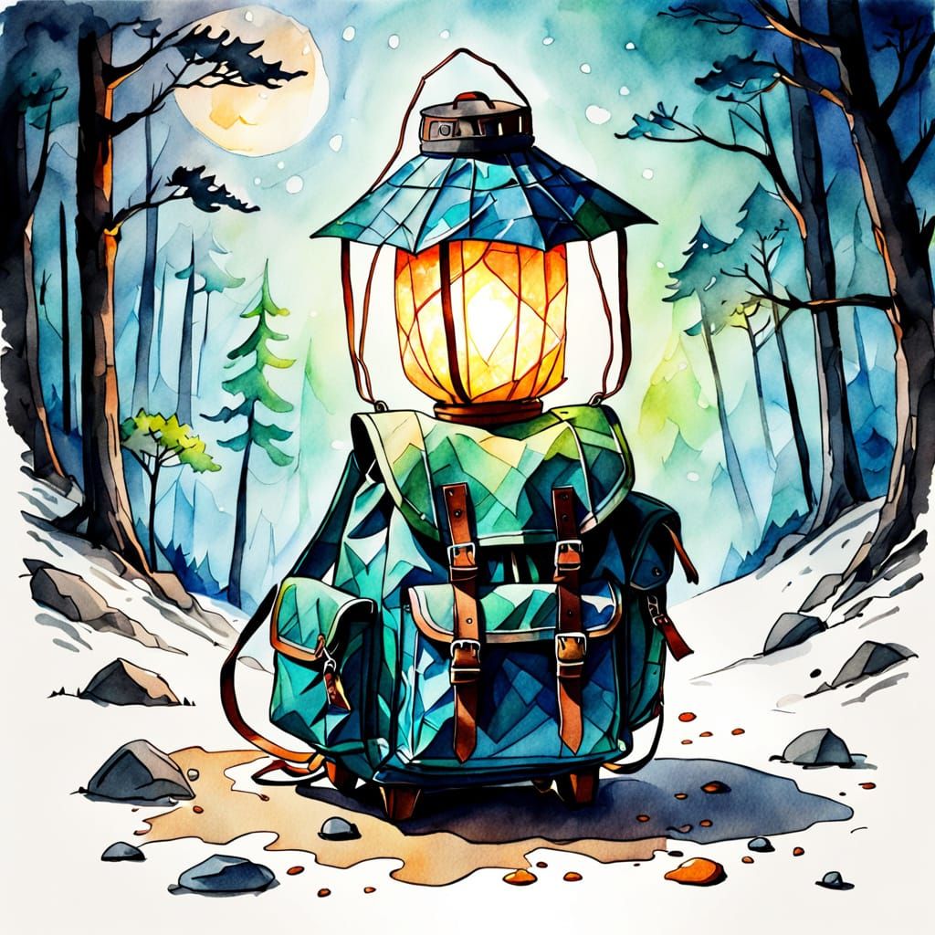 Whimsical Watercolor Lantern with Hiking Backpack