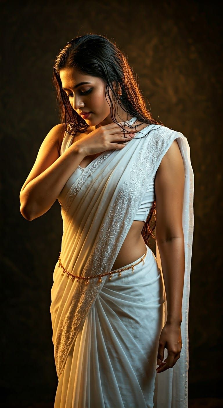 Elegant Kerala Woman in Diaphanous Saree with Golden Waist C...