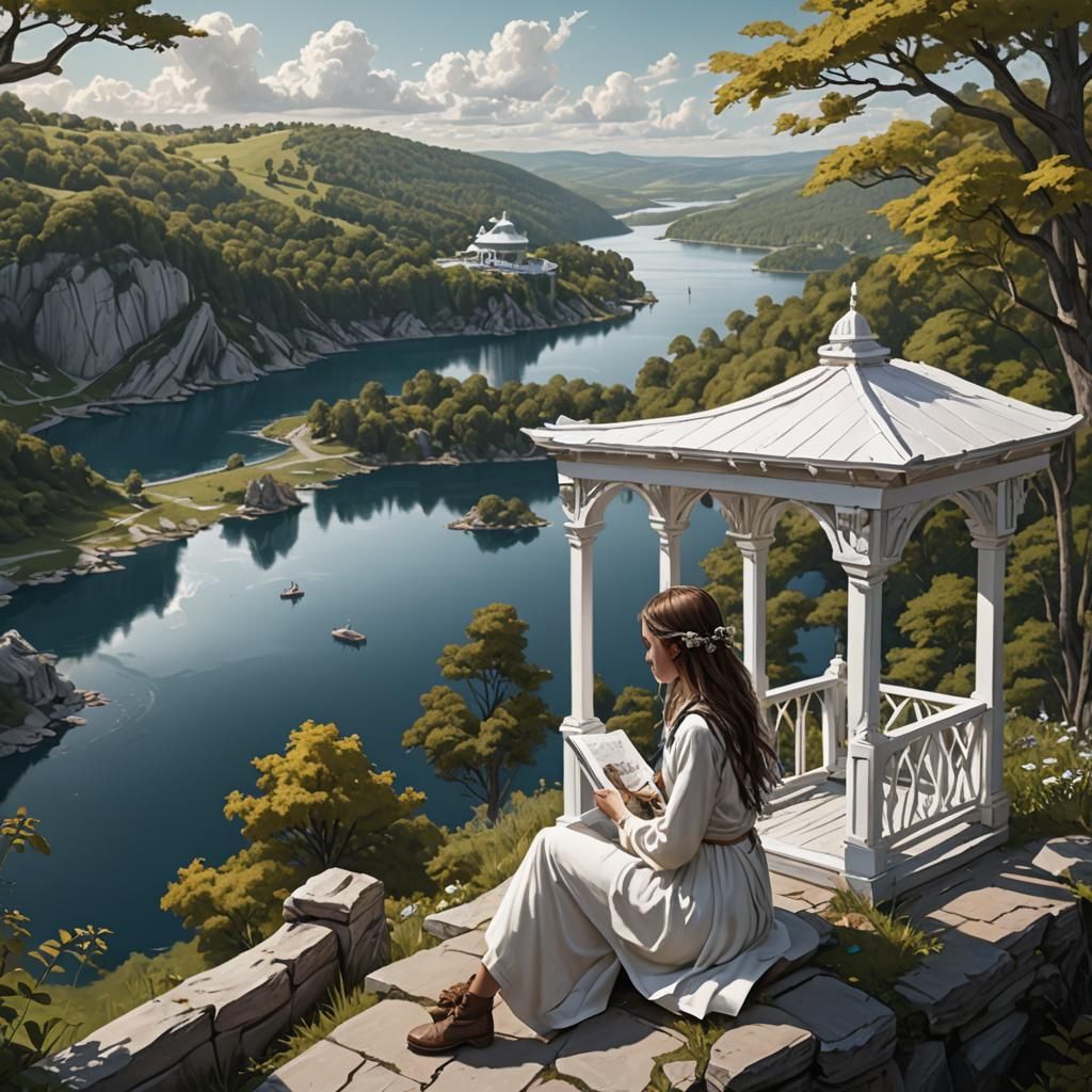 Girl Sketching Lake View in Detailed Matte Painting