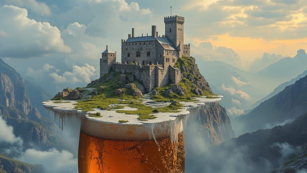 Surreal Castle in Beer Glass on Mountain Top