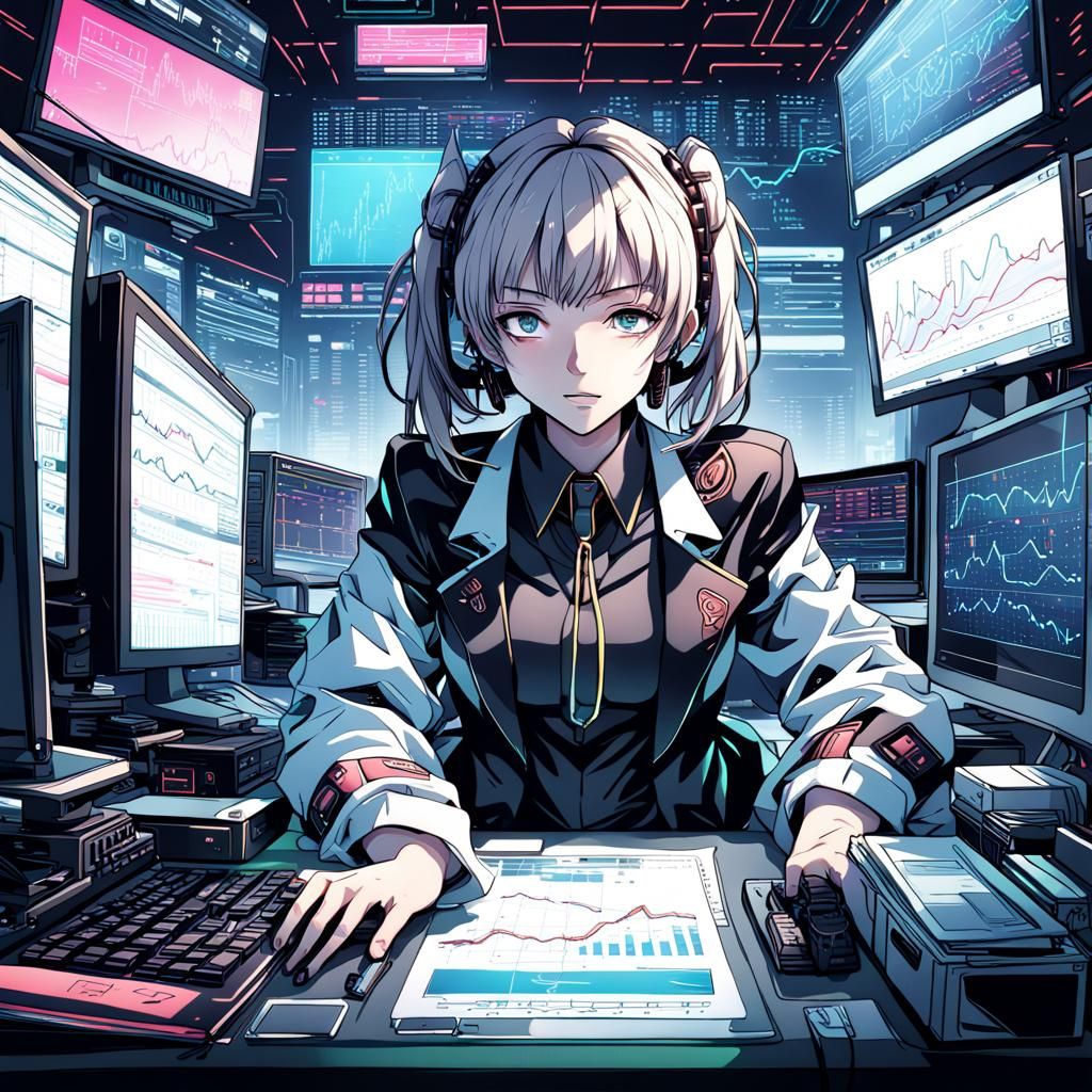 Cyberpunk Anime Stock Trader at Neon Desk