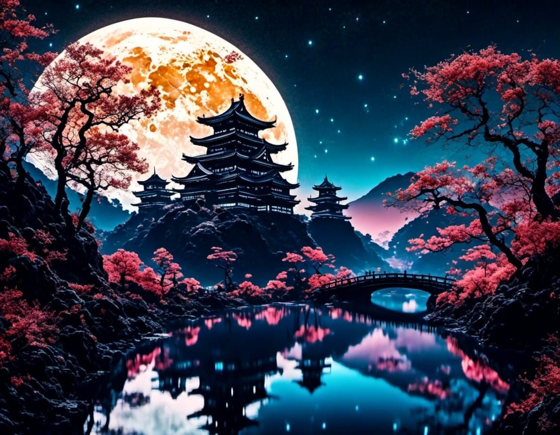 Japanese Castle Silhouette with Moonlit River