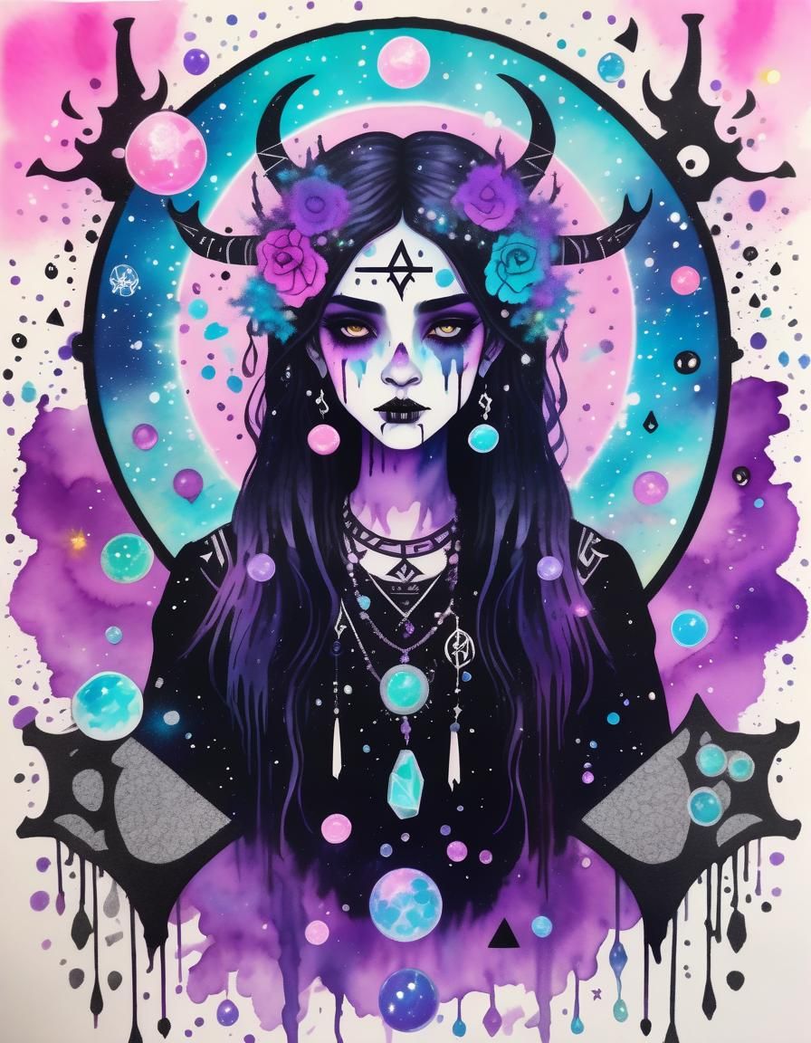 Goddess Surrounded by Crystals in Pastel Goth Style
