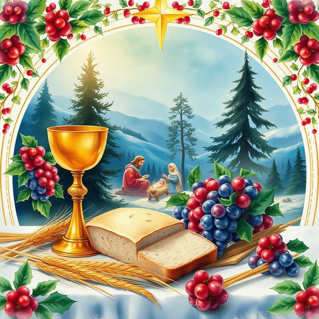 Ethereal Christmas Eucharist Scene with Golden Chalice and N...