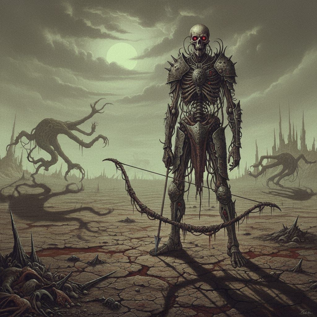 Dystopian Horror Cupid With Broken Bow and Desolate Landscap...