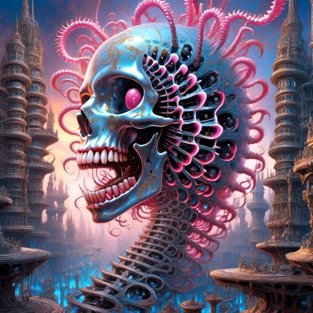 Horrifying Surreal Spine Descending into Mechanical Beam