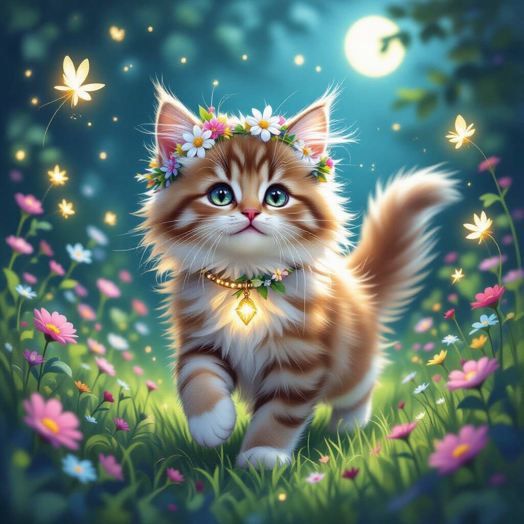 Kitten Chasing Fireflies in a Moonlit Garden