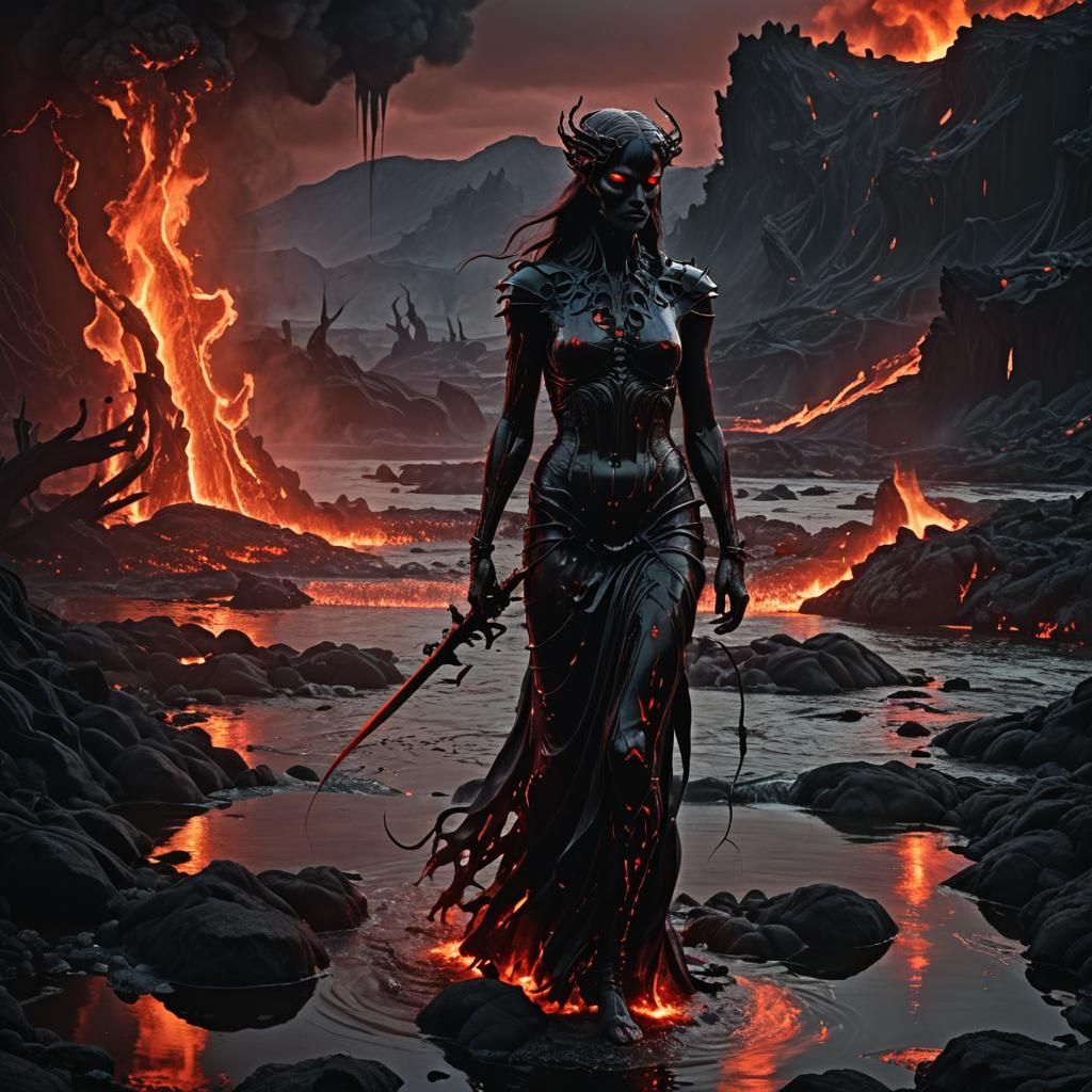 Persephone Guarding Hell's Gates in Dark Surrealism