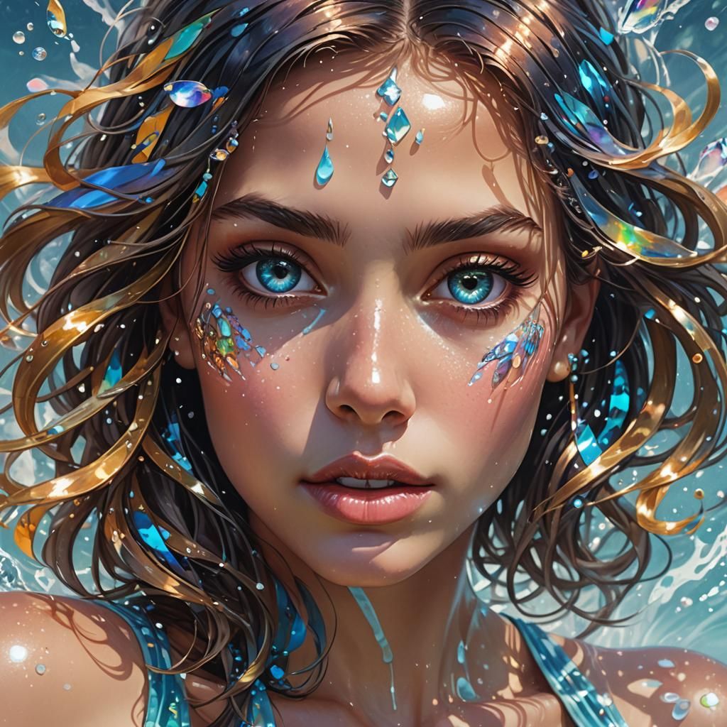 Iridescent Water Woman Portrait in Art Nouveau Style