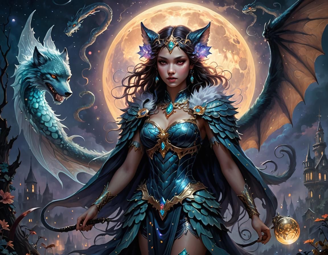 Ethereal Chimera Girl with Bat Wings and Wolf Fangs