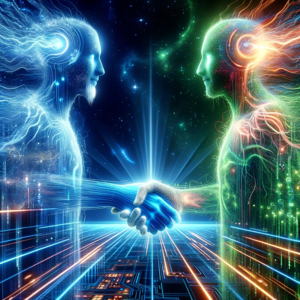 Digital Handshake Between Figures with Glowing Auras