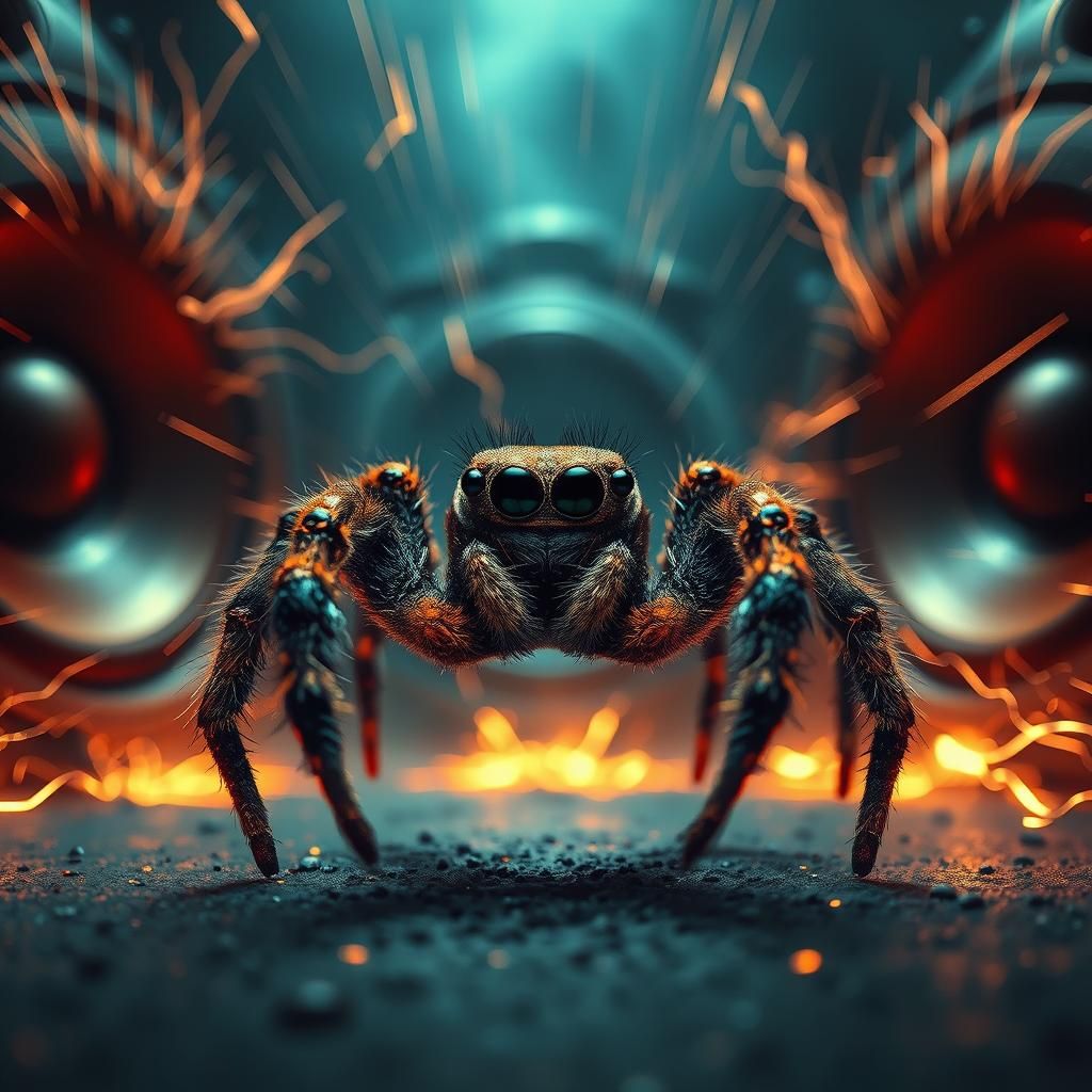 Jumping Spider and Soundwaves in Cinematic Style