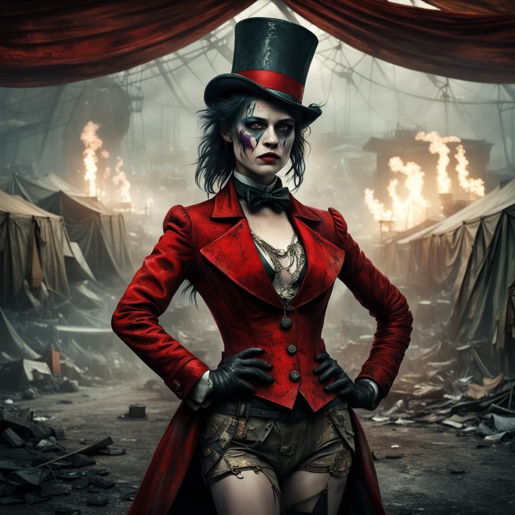 Dystopian Circus Ringmaster in Cyberpunk Wasteland