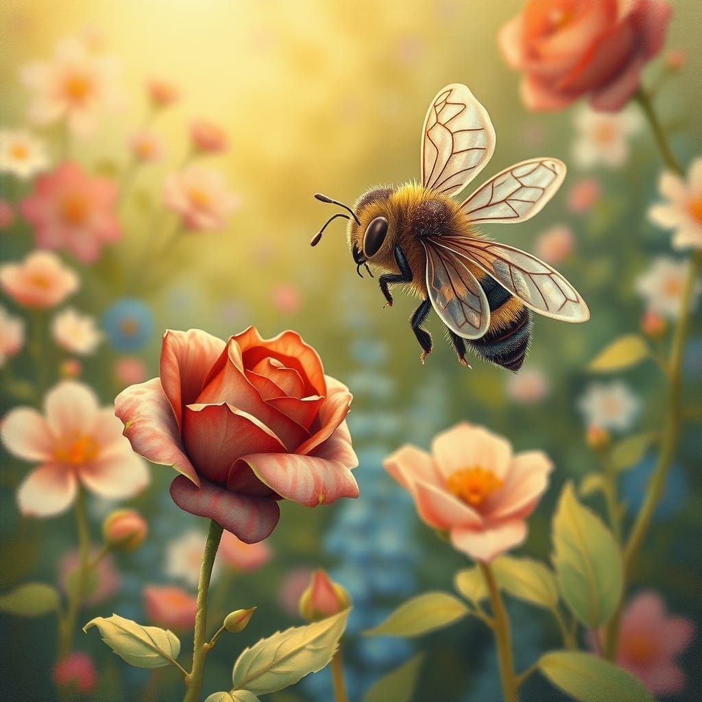 Whimsical Bee Flies Towards Enchanted Garden