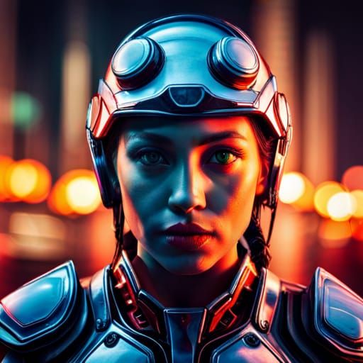 Cyborg Girl in Neon City: Hyperrealistic Portrait