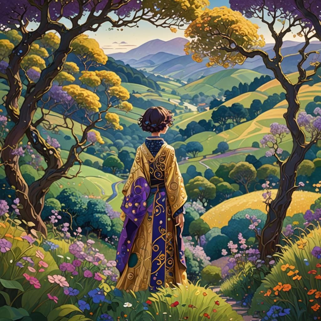 Klimt-Inspired Anime Figure in Vibrant Landscape