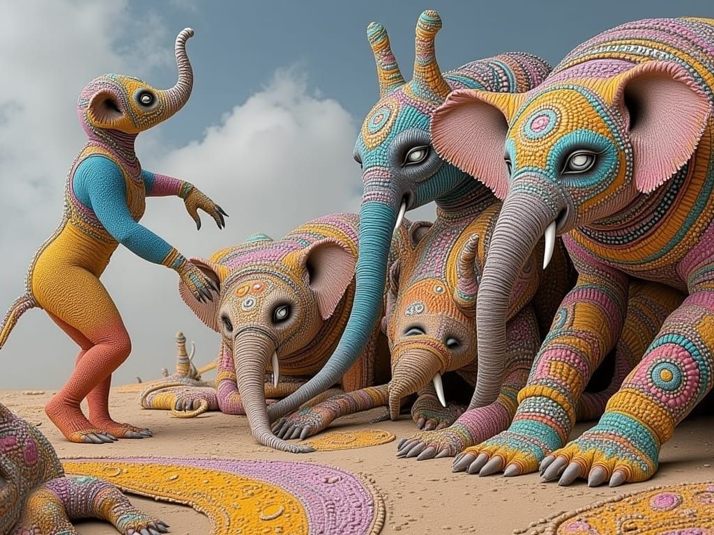 Surrealist Painting of Skinny Elephants in Dali-Style Desert...