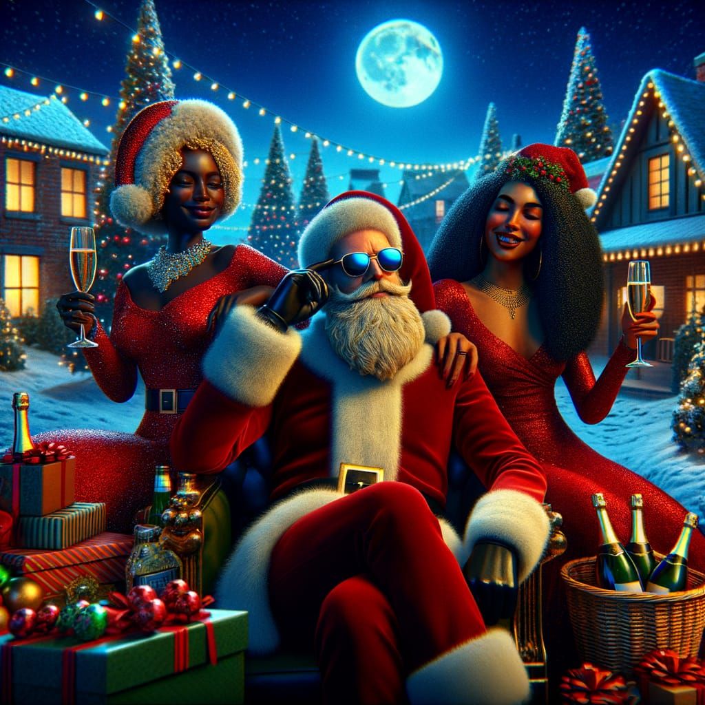 Santa Claus with Elegant Women in Festive Scene