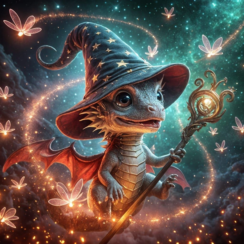Baby Dragon Wizard Flying Through Galaxy